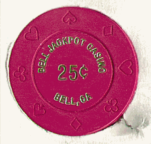 Bell Jackpot Casino. $.25 Red. cardsuits. Gold hot stamp.