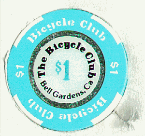 Bicycle Club $1. Blue 4 white insets.