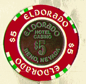$5 Eldorado. Red. 12 white, 8 green insets. Metal center.