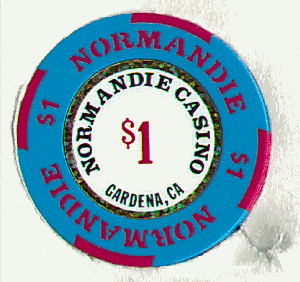 Normandie Casino. Blue. 4 red insets. Red $1.