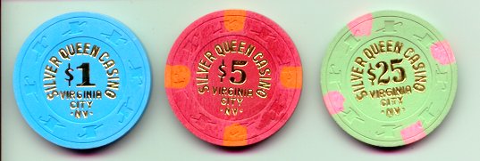 $1, $5, $25 Silver Queen chips.